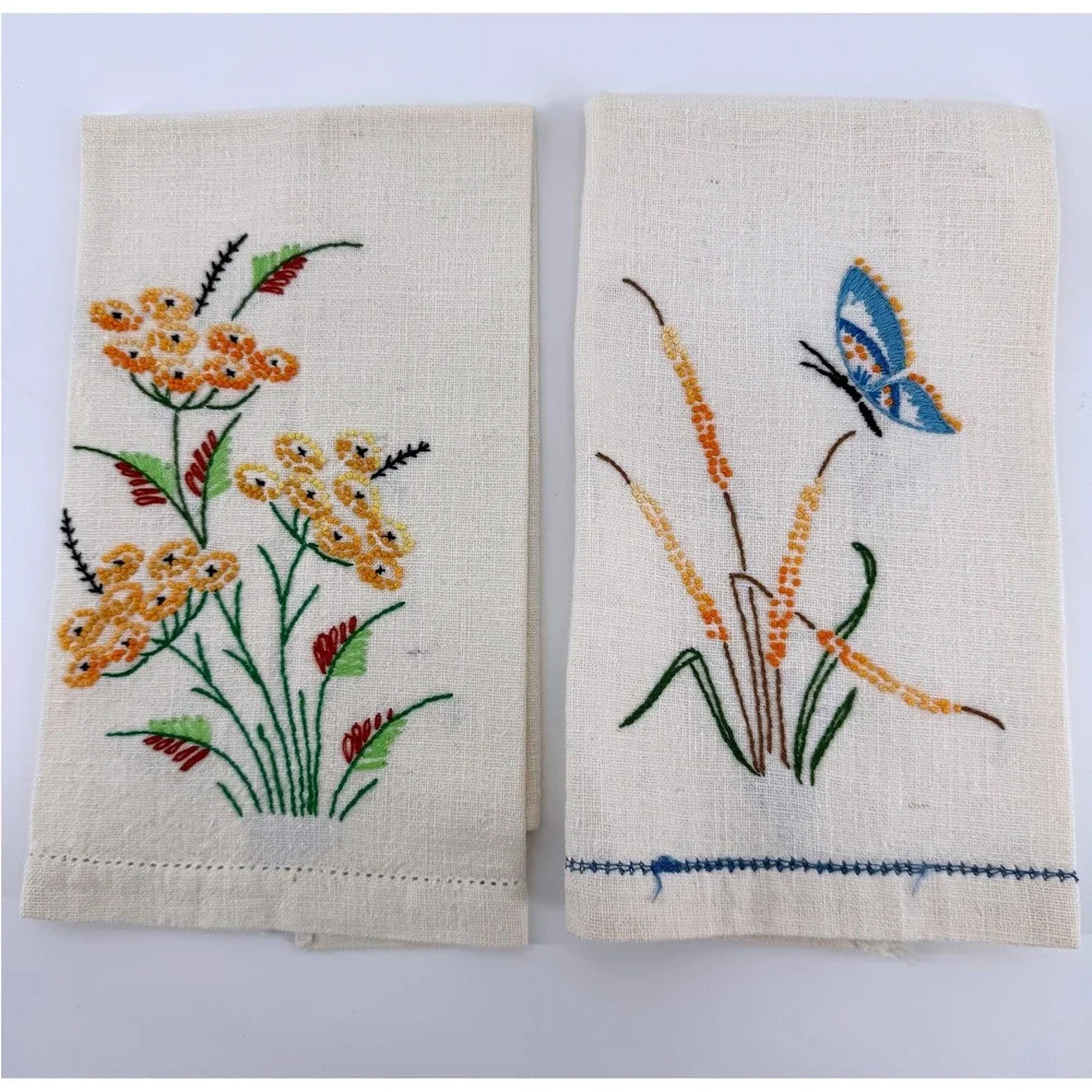 Hand Embroidered 3 Linen Tea Towels Cream Flamingo Butterfly Floral Needlepoint